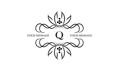 Logo with simple initial letter Q isolated on white background and ornament around the letter. There is space for text. Can be used for business and corporate signs, emblems.