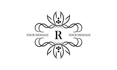 Fototapeta premium Logo with simple initial letter R isolated on white background and ornament around the letter. There is space for text. Can be used for business and corporate signs, emblems.