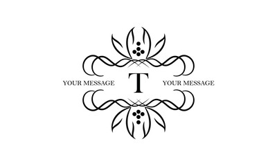 Logo with simple initial letter T isolated on white background and ornament around the letter. There is space for text. Can be used for business and corporate signs, emblems.