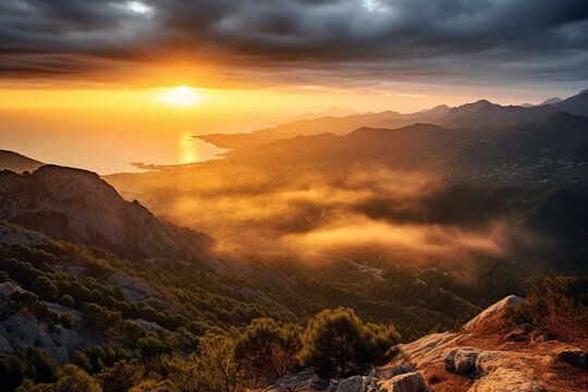 View Of Sunrise Over The Sea From A Mountain In Valencia, With Sunbeams Shining Through Mist In Sierra Calderona Natural Park. Generative AI