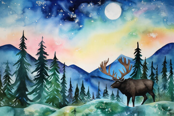 Obraz na płótnie Canvas Alaska natural scenery background with a polar deer, watercolor