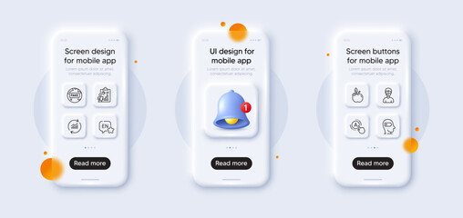 Obraz premium Fake news, Weariness and Medical mask line icons pack. 3d phone mockups with bell alert. Glass smartphone screen. Eco food, Update data, Report web icon. English, Ab testing pictogram. Vector