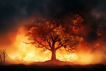 Large blazing tree during ecological catastrophe caused by forest fire. Generative AI