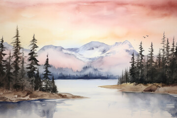 Alaska natural scenery background with a polar plant, watercolor