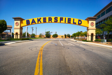 Bakersfield welcome sign, a wide arched street sign. Also known as the Bakersfield Neon Arch, it is...