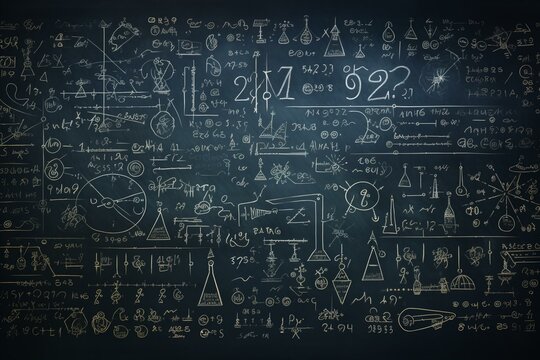 Pattern of equations, chemistry, and physics on classroom blackboard. Generative AI