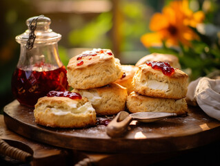 Obraz na płótnie Canvas Delicious scones with butter and jam served on the table. Traditional English food that is usually served with tea.