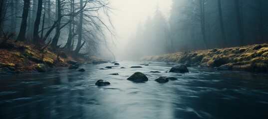 Foggy cold river stream background. Generative AI technology.	
