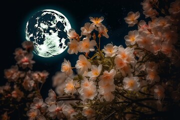 Blooming flowers beneath the moon's glow. Generative AI