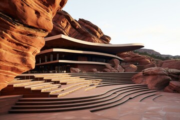 Scenic outdoor amphitheater surrounded by reddish rock formations with awesome acoustics. Generative AI