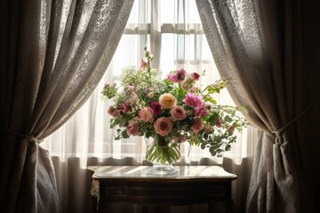 A serene arrangement of elegant flowers in a glass vase, encompassed by delicate curtains, bathed in soft daylight. Generative AI