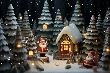 Festive joy depicted through a small tree, gifts, Santa Claus, and a cozy woodland house. Generative AI