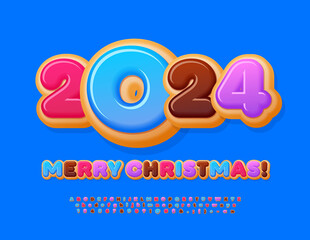 Vector tasty Greeting Card Merry Christmas 2024! Sweet dessert Font. Colorful cake set of Alphabet Letetrs and Numbers