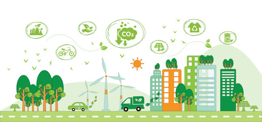 The concept of reduce co2 emission using clean energy and reduce climate change problem with flat icon vector illustration. Green environment templet infographic design for web banner.