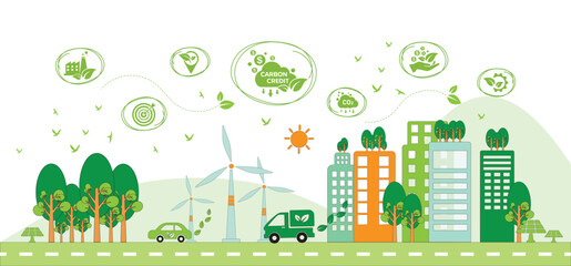 The concept of carbon credit with icons. Tradable certificate to drive industry and company to the direction of low emissions and carbon offset solution. Green vector illustration template.