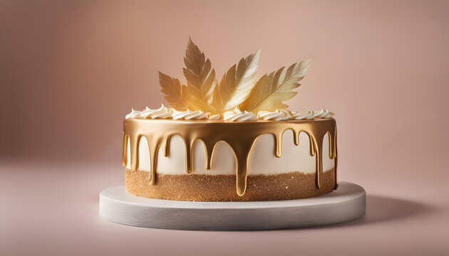 Cake, gold frosting with whipped cream with golden leaves elegant decoration, Glamour decadent Autum Cake