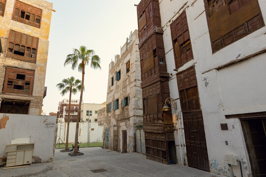 Traditional architecture of old Jeddah town El Balad district houses with wooden windows and balconies Unesco Heritage site in Jeddah Saudi Arabia
