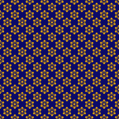 Seamless geometric pattern with golden symbols on dark blue background in art deco style. Vector print for fabric background