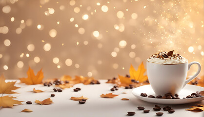 Cup of coffee with cream on the table with golden bokeh background. Copy space fall wallpaper
