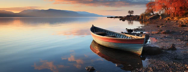 Küchenrückwand glas motiv Sonnenuntergang am Strand Colorful photo of a rowing boat decking near a lake with beautiful horizon landscape 