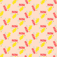 Seamless geometric pattern with candies on light background. Vector print for fabric background, textile