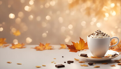 Obraz na płótnie Canvas Cup of coffee with chocolate on a table in an elegant autumnal scene with falling leaves and golden blurry background. Festive cafe backdrop, sweet Christmas morning party