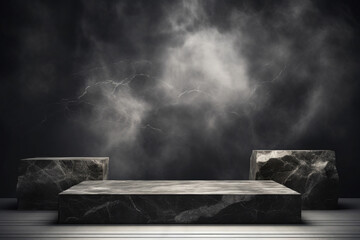 Black stone podium on dark background for product advertising. Wall with marble pedestal for product display, minimalism style.