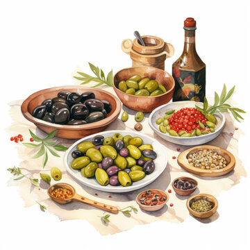 Olive Festival in Spain. Watercolor clipart. Pickled olives in a plate, bottles of olive oil