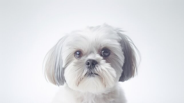 Close Up On A Cute Shih Tzu Dog Looking At The Camera On White Background.