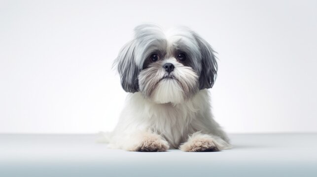 Close up on a cute Shih Tzu dog looking at the camera on white background.