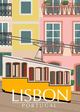 The best view in illustration vector in lisbon portugal with trams
