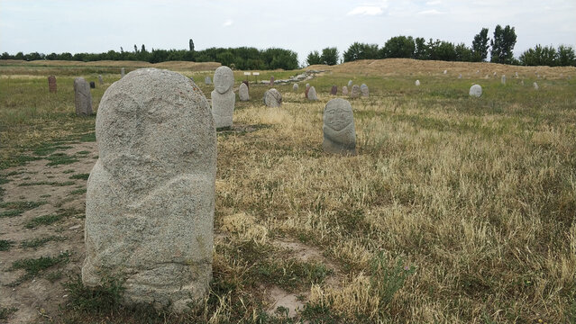 Antropomorphic stone kurgan balbal near Burana tower Kyrgystan.