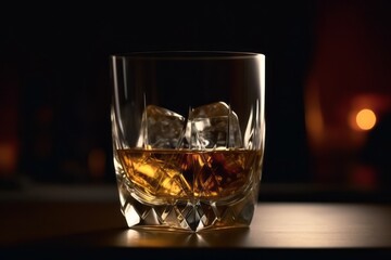 Glass of scotch whiskey and ice. Generative AI