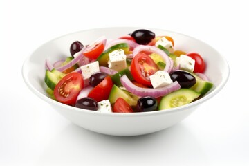 Greek salad in plate isolated on white background. Generative AI