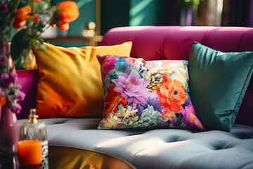 Colorful pillows and blanket on vibrant lounge in stylish apartment with floral ambiance. Generative AI