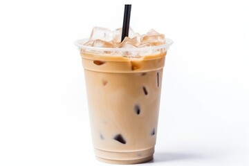 Iced coffee latte in takeaway cup isolated on white background. Generative AI