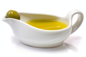 Olive oil in gravy boat, isolated on white background. Generative AI