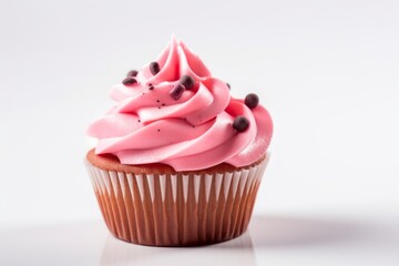 Cupcake with pink frosting and sprinkles on white background. Generative AI