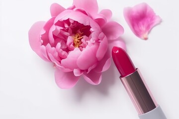 Obraz na płótnie Canvas Pink lipstick with peony flower on white background. Generative AI