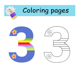 Coloring book. Illustration for children education. Cartoon number three.