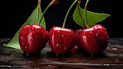 red cherry on a black background with water drops