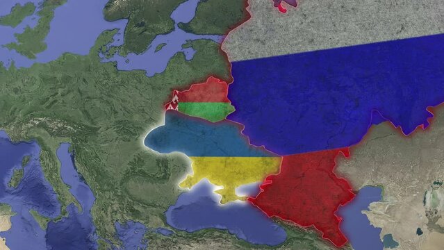 Video showcasing flags and borders of Belarus, Ukraine, and Russia on a map. Map Belarus Ukraine and Russia. 