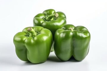 Three green bell peppers isolated on white background. Generative AI