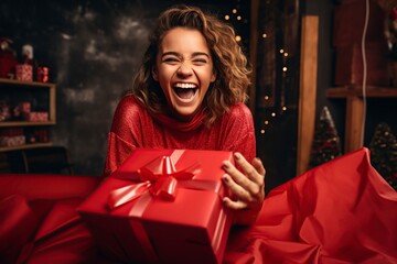 cheerful woman unwrapping her christmas gift - obrazy, fototapety, plakaty
