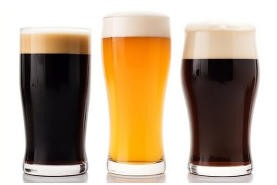 Three pints of craft beer stout ale pilsner lager isolated on white background. Generative AI