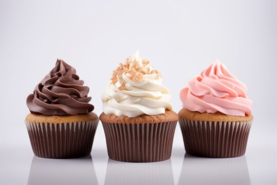 Three cupcake on white background. Generative AI