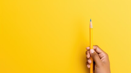 Hand holding pencil isolated yellow background. AI generated - obrazy, fototapety, plakaty