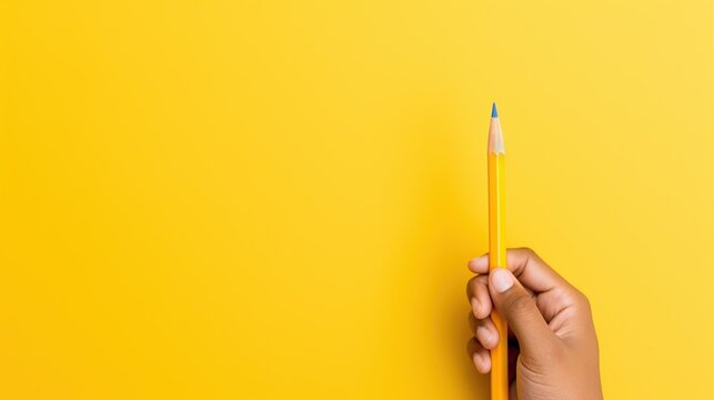 Hand holding pencil isolated yellow background. AI generated