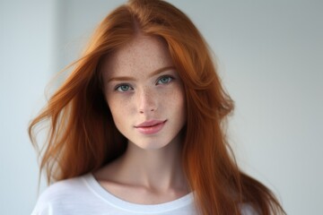 Fototapeta premium Portrait of beautiful young red hair woman with freckles smiling and looking at camera, standing on white isolated white background