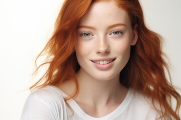 Naklejka premium Portrait of beautiful young red hair woman with freckles smiling and looking at camera, standing on white isolated white background